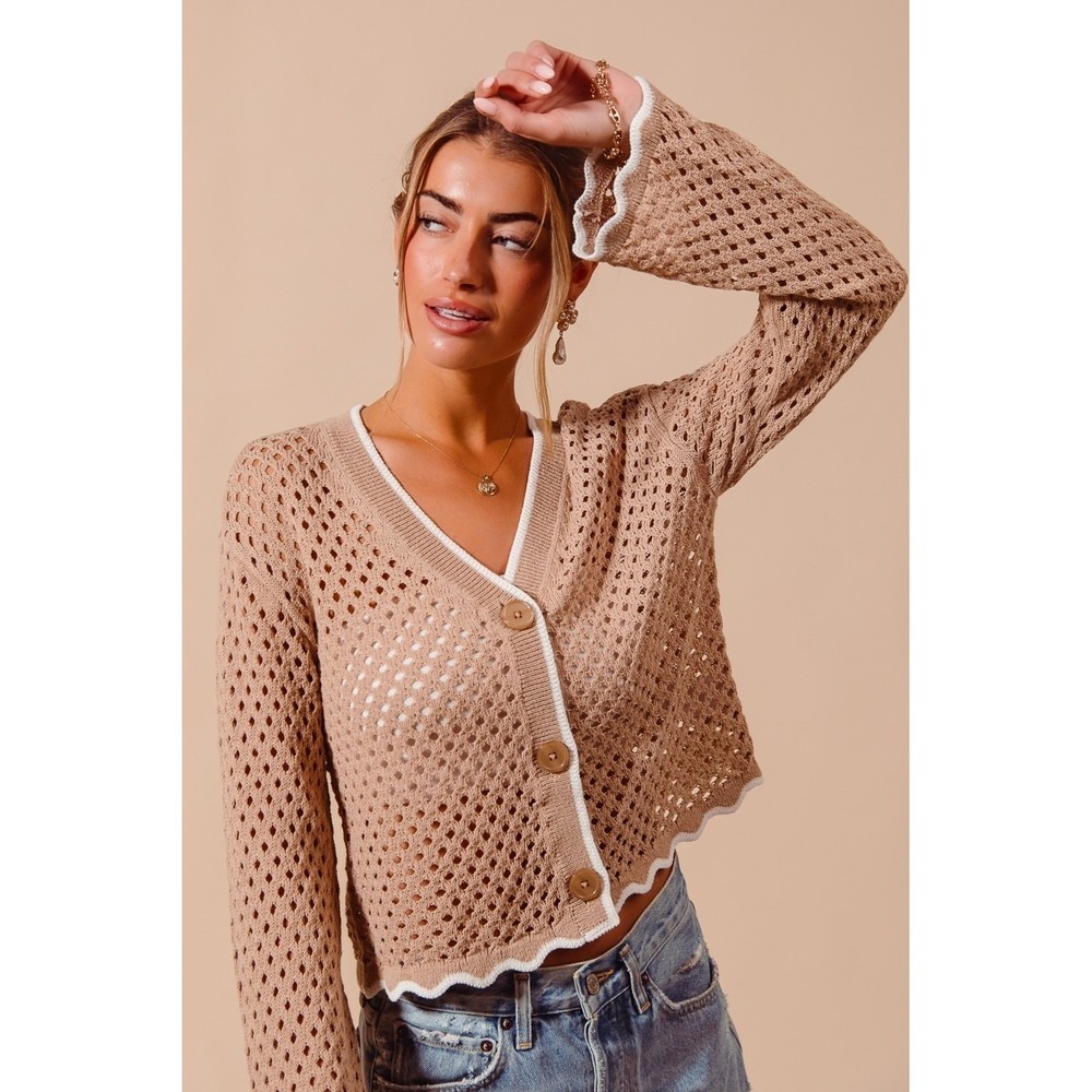 SO‎ ME Open Knit Light Weight Sweater Cardigan With Contrast Wavy Scallop Edge L - Picture 9 of 10
